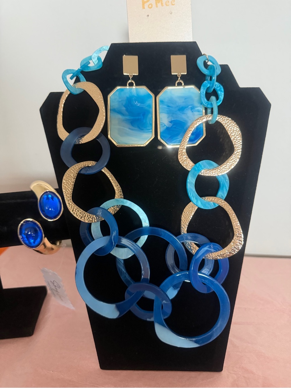 Blue Resin Link Necklace , Bracelet & Earring Set